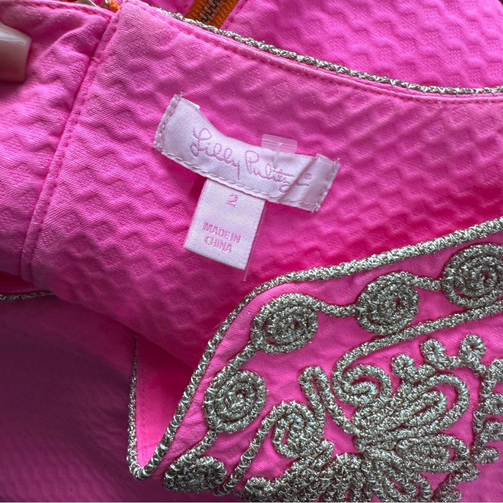 Lilly Pulitzer Gabby Shift Dress Hot Pink Gold Appliqué Trim size 2 - Picture 5 of 7